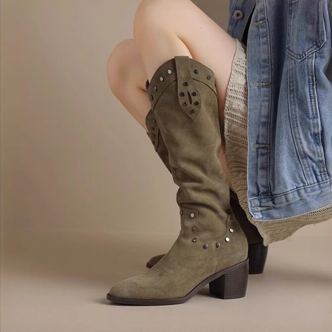 V口高跟骑士靴复古铆钉马丁靴