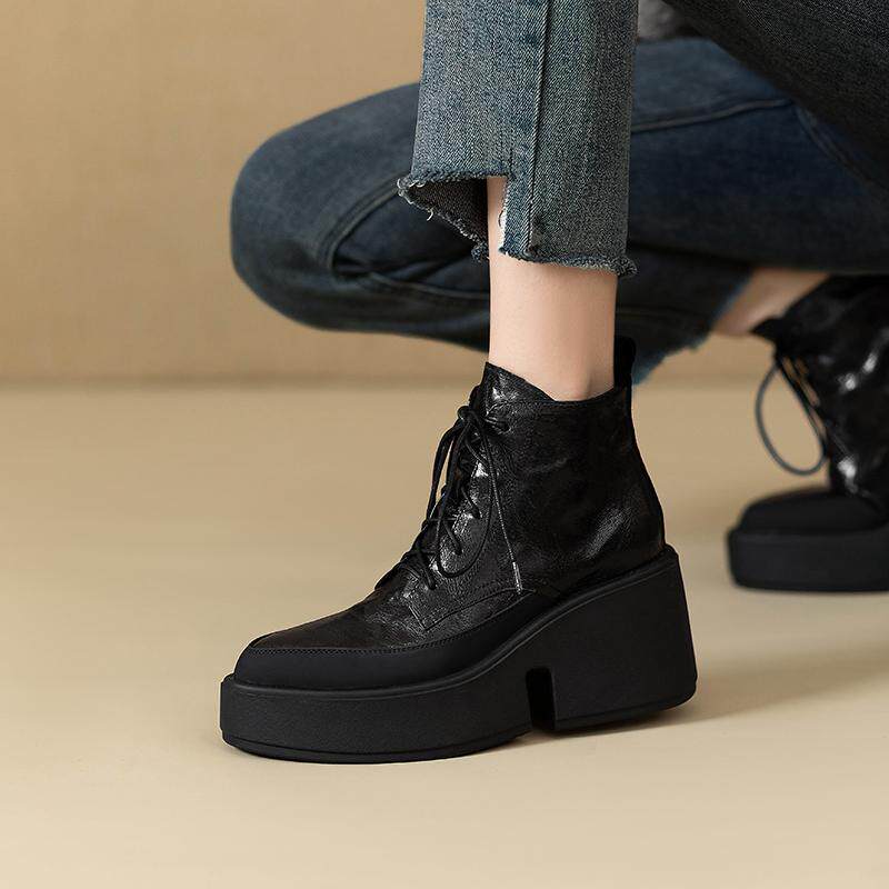 小个子高跟马丁靴女真皮松糕厚底增高短靴子英伦风尖头粗跟瘦瘦靴