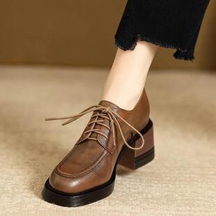 2026年新款春棕色牛皮厚底圆头深口单鞋女皮鞋舒适粗跟英伦高跟鞋
