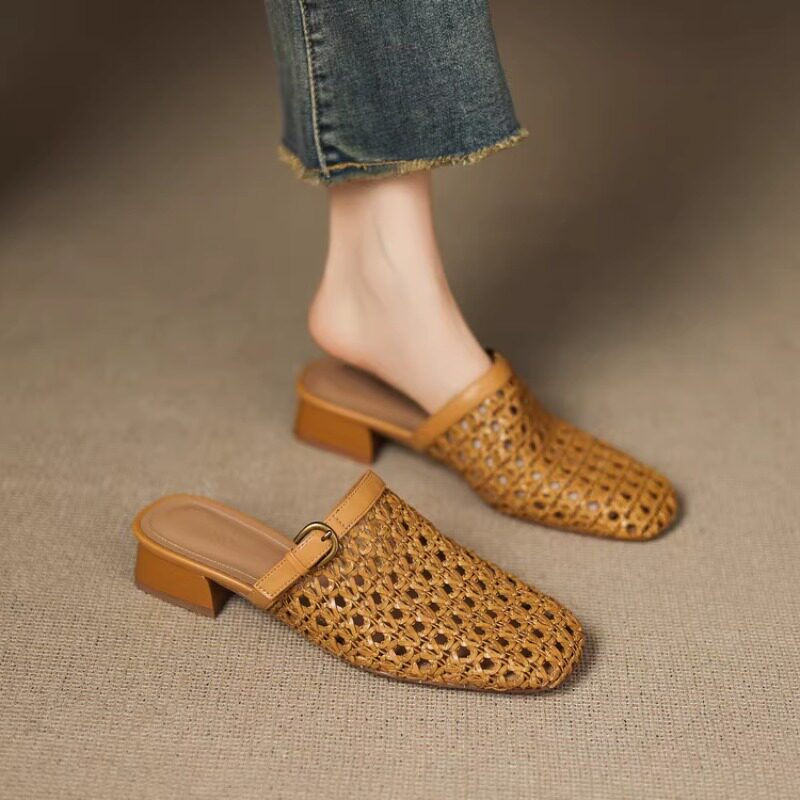 法式复古时尚编织透气镂空包头半拖女夏真皮一字带休闲网面穆勒鞋