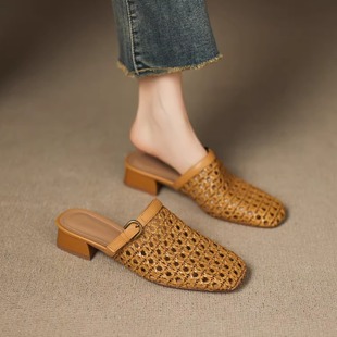 编织透气镂空包头半拖女夏真皮一字带休闲网面穆勒鞋 法式 复古时尚