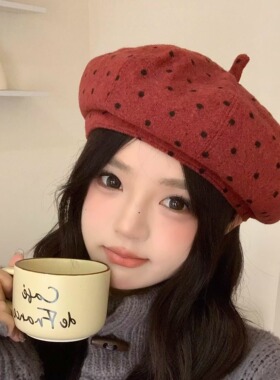 秋冬复古波点显脸小女贝雷帽