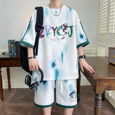 短袖短裤套装男士夏季冰丝凉感t恤青少年休闲宽松运动两件套衣服T