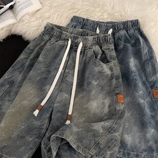 复古潮牌小众宽松做旧直筒五分中裤 迷彩水洗牛仔短裤 美式 夏季 男款