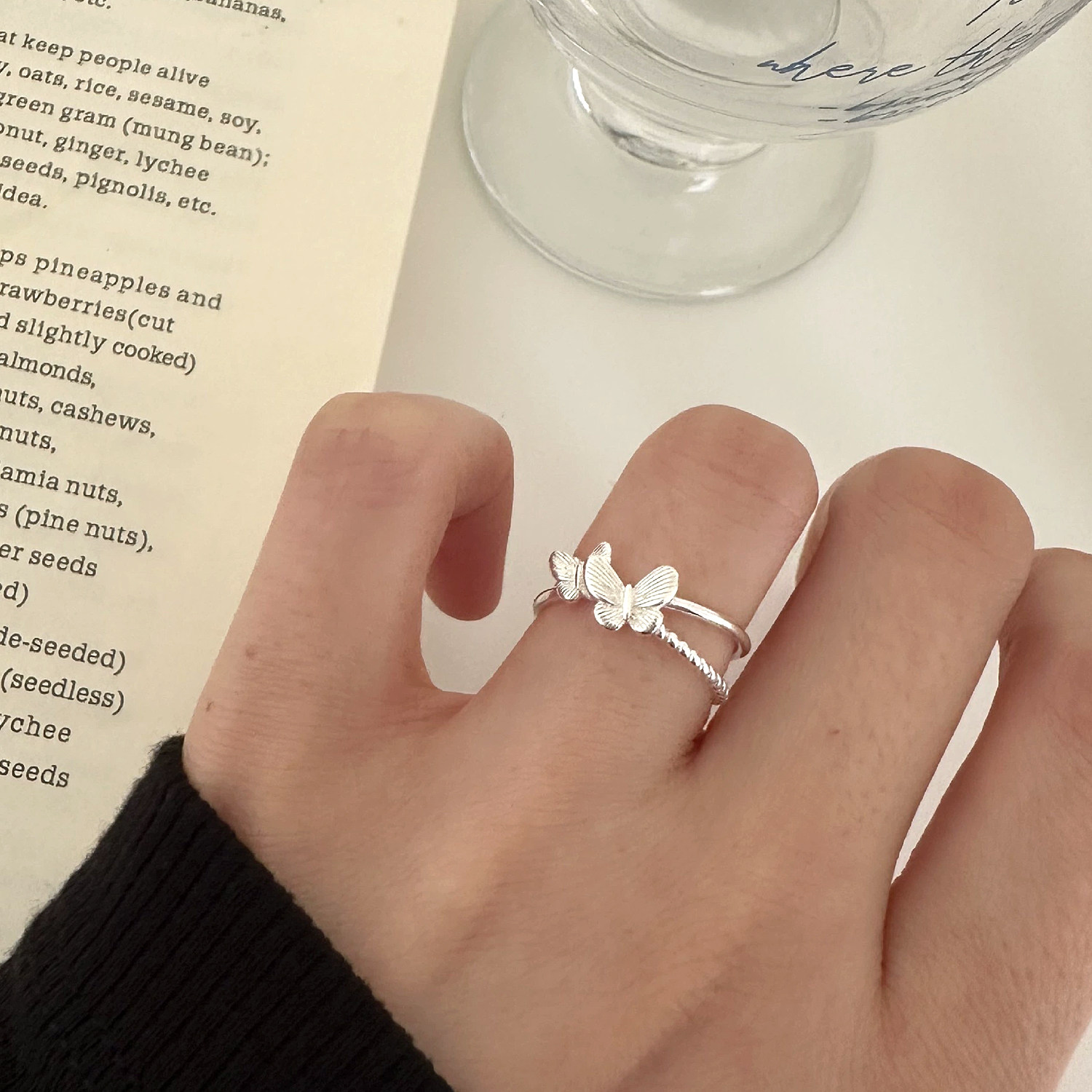 S925纯银双层蝴蝶开口戒指