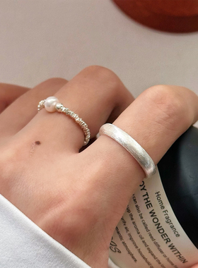 S925纯银极简拉丝磨砂开口戒指女小众设计轻奢冷淡风碎银子食指戒