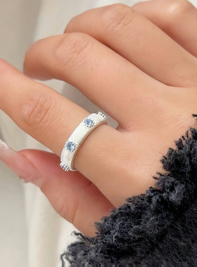 通体S925纯银蓝色锆石戒指女小众设计时尚个性轻奢潮冷淡风食指戒