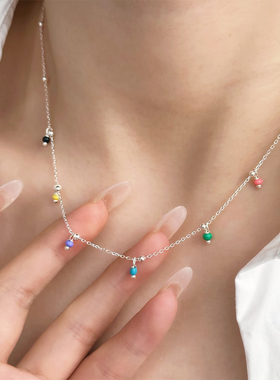 通体纯银彩虹珠项链百搭简约饰品