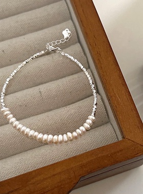 s925纯银碎银子珍珠手链小众设计2022年新款潮女生轻奢高级感饰品