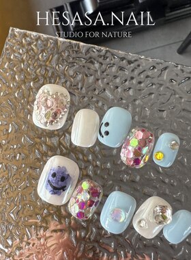 小众设计蓝色小清新短款美甲【B.LueSmile】显白纯手工手绘穿戴甲