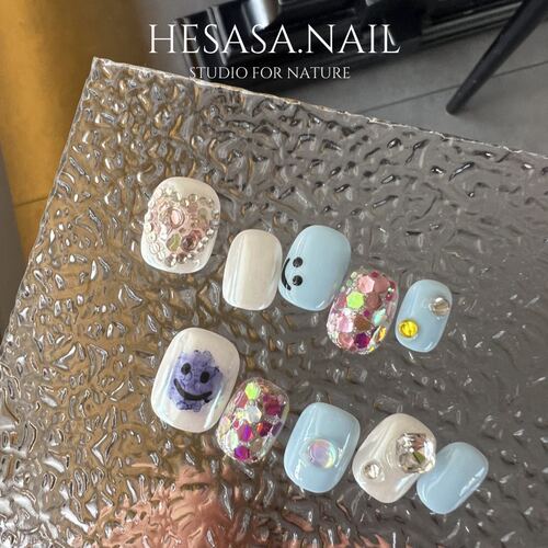 小众设计蓝色小清新短款美甲【B.LueSmile】显白纯手工手绘穿戴甲