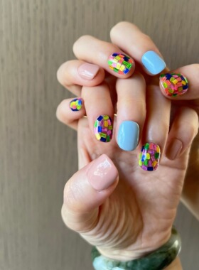 HESASA新款马卡龙撞色高迪亮片设计豆豆短款美甲成品纯手工穿戴甲