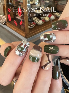 HESASA|小众设计师款式【牛仔】复古棕绿色纯手绘纯手工穿戴甲