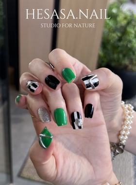 HESASA|新款绿色黑白配色短款可拆卸美甲【绿骑兵】纯手工穿戴甲