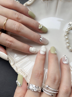 HESASA|高级感手绘美甲成品豆绿色【清欢】显白纯手工穿戴甲定制