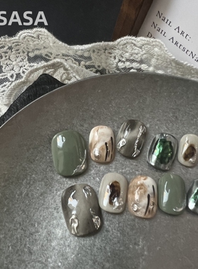HESASA|小众冷色系青绿晕染成品美甲【情愫】INS风格纯手工穿戴甲