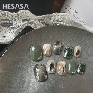 INS风格 情愫 纯手工穿戴甲 小众冷色系青绿晕染成品美甲 HESASA