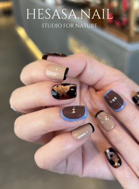 HESASA新款高级感摩卡色显白短款手绘穿戴甲【迪卡】纯手工穿戴甲