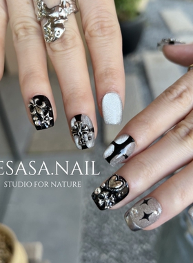 HESASA经典设计暗黑系短款美甲银色金属潮酷设计美甲纯手工穿戴甲