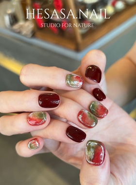 HESASA|高级感inS简约车厘子红晕染AB款短式纯手工绘画显白穿戴甲