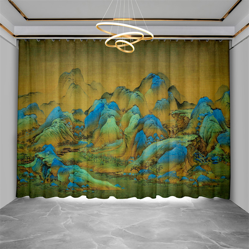 新中式千里江山图窗帘布客厅茶室中国风古典山水风景画挂帘遮挡帘