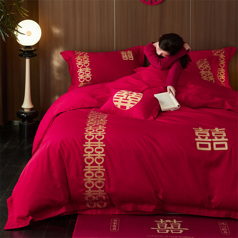 纯棉全棉刺绣婚庆四件套时尚结婚陪嫁床单被套六件套喜庆床上用品