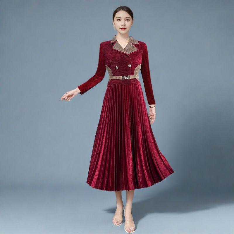 妈妈褶皱2024秋冬新款丝绒加厚西装领长袖连衣裙假两件女百褶裙