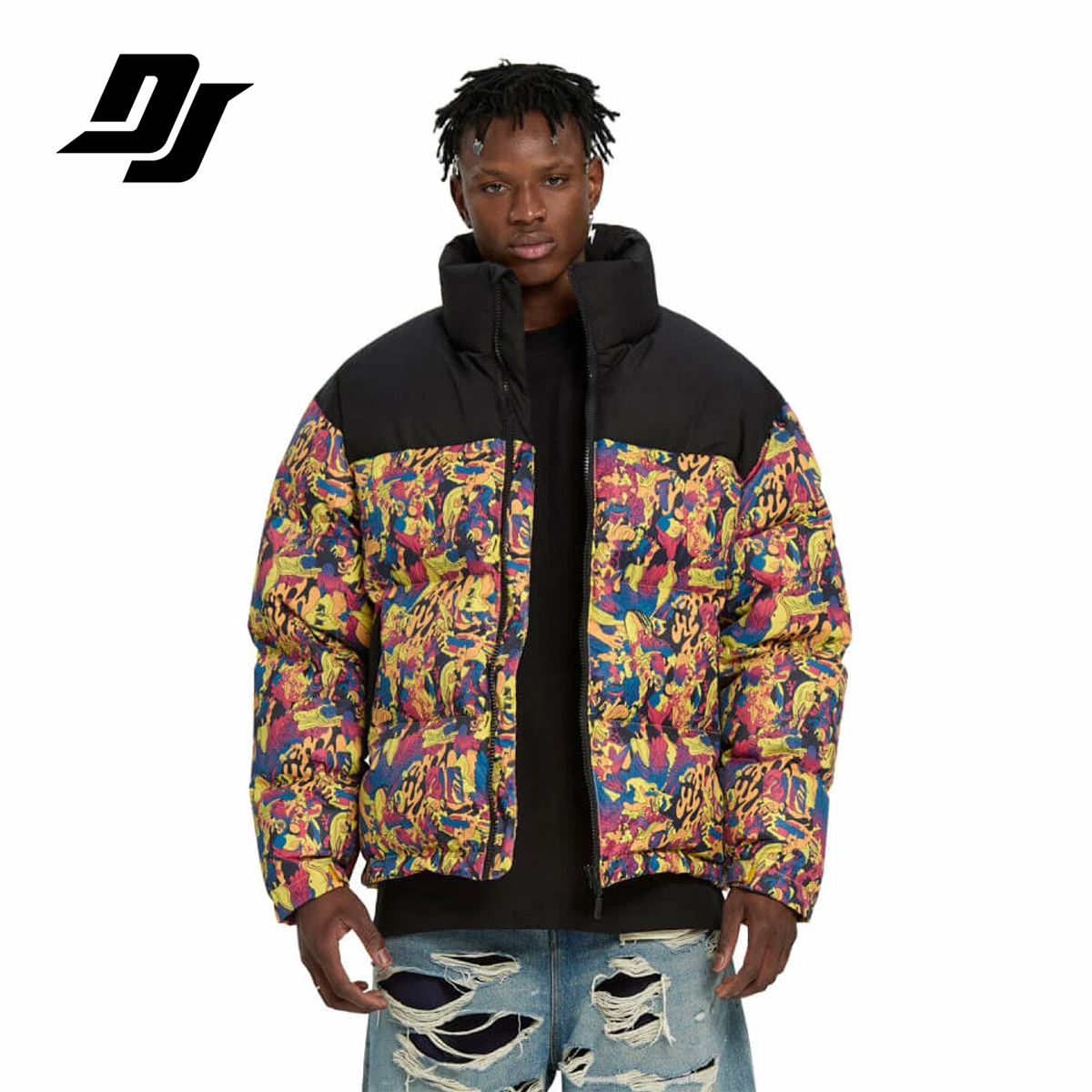 DJAY彩色印花羽绒服男撞色拼接潮流保暖外套街头风宽松上衣