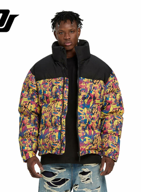 DJAY彩色印花羽绒服男撞色拼接潮流保暖外套街头风宽松上衣