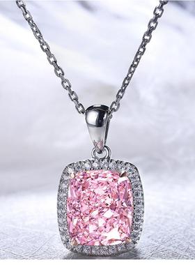 枕形粉钻项链女纯银长方钻人造钻石彩宝围镶玫瑰金冰糖锆石锁骨链