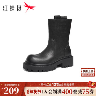 红蜻蜓厚底短靴女冬季新款女鞋靴子中筒女靴英伦风黑色休闲烟筒靴