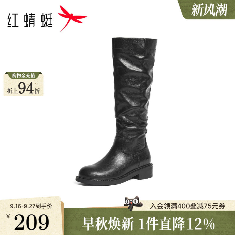 红蜻蜓弹力靴女款秋冬女鞋粗跟长筒靴通勤骑士靴复古显瘦堆堆靴女										