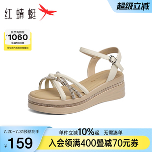 女鞋 2025夏季 紅蜻蜓坡跟涼鞋 新款 子厚底中年媽媽涼鞋 女款 一字帶鞋