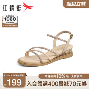 女2025夏新款 软底舒适鞋 红蜻蜓坡跟凉鞋 女鞋 子时尚 水钻一字带凉鞋