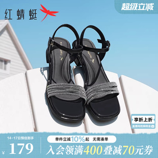 红蜻蜓粗跟凉鞋女夏季配裙子的鞋子法式气质水钻一字高跟鞋女鞋