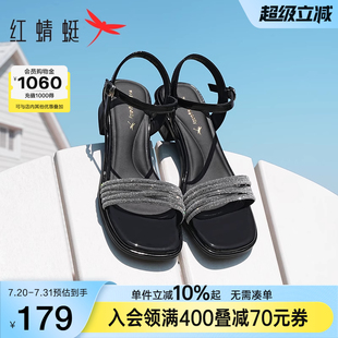 鞋 子法式 女2025夏季 氣質水鉆一字高跟女鞋 配裙子 紅蜻蜓粗跟涼鞋