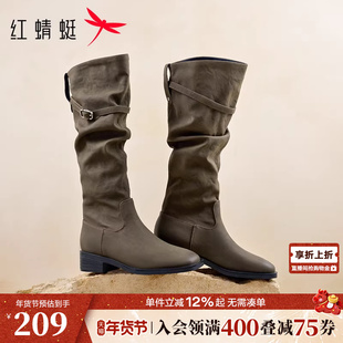 红蜻蜓长靴女秋冬女鞋靴子配裙子长筒靴显瘦高筒靴旅游堆堆西部靴