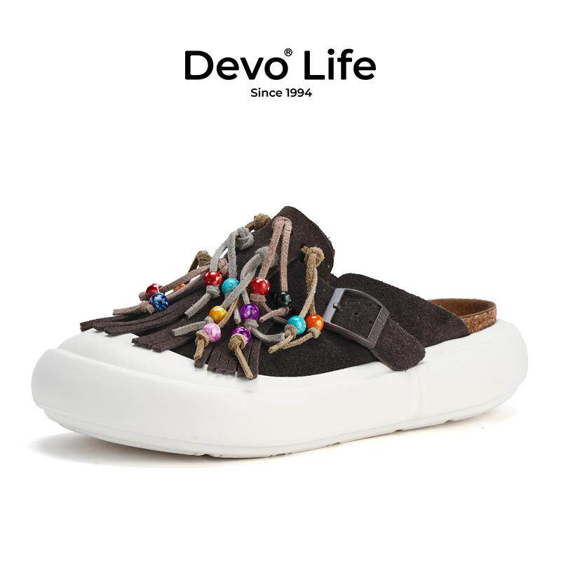 Devo/的沃软木拖鞋包头女串珠休闲勃肯厚底增高松糕底半拖24101