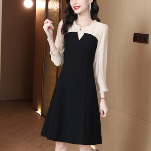 RM21284#大码长裙高腰通勤a字裙拼接时尚圆领修身显瘦连衣裙淑女风裙