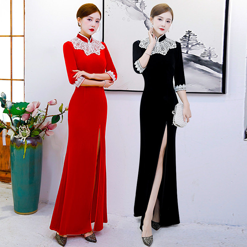 金丝绒旗袍2026春季新款走秀演出服婚宴喜婆婆红色中老年连衣裙