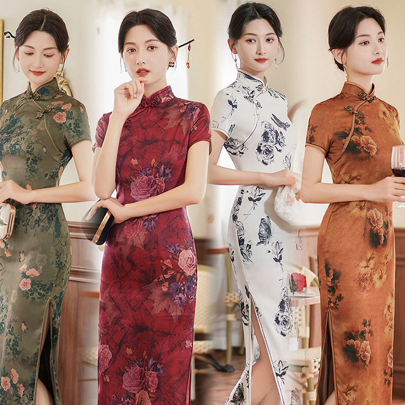 2025春夏新款旗袍长裙女装绸缎连衣裙复古修身时尚宴会演出服礼服