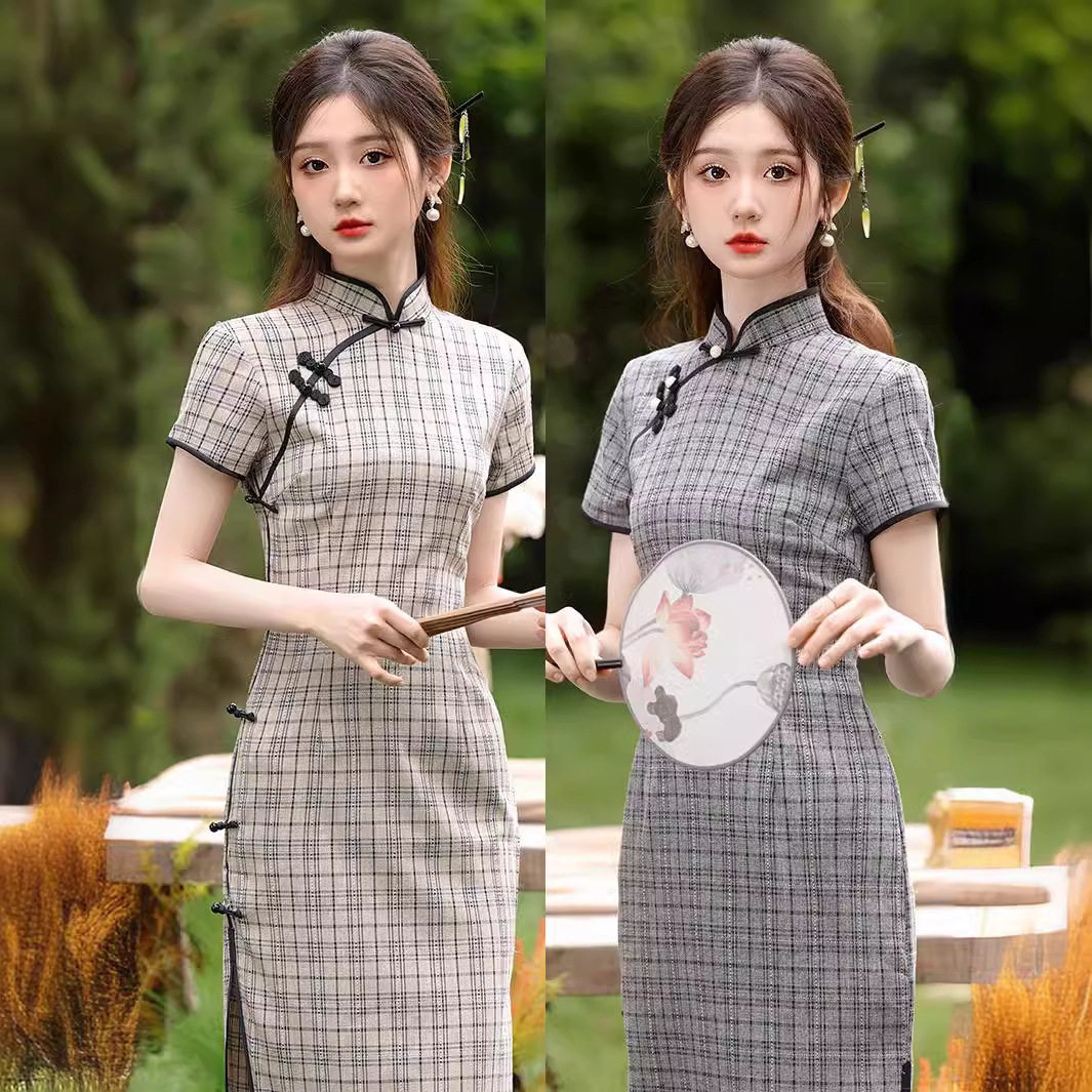 格子旗袍2026年新款高端复古民国风年轻款改良文艺少女连衣裙夏季