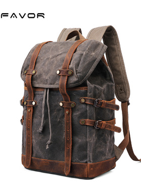 G-FAVOR油蜡帆布背包男士登山旅行户外背包双肩包男疯马双肩复古
