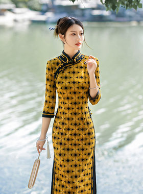 高端格子条纹旗袍长袖秋冬装中年女妈妈日常洋气质连衣裙加肥大码