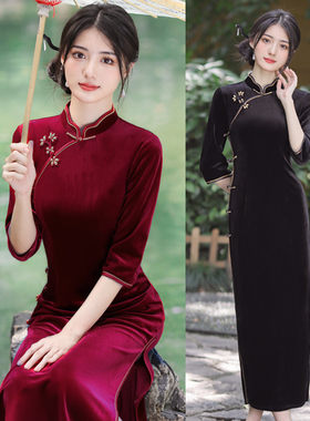纯色旗袍春季新款改良中袖长款复古上海黑色气质年轻女妈妈金丝绒