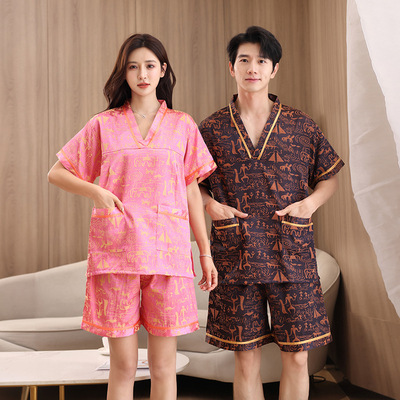新款汗蒸服女棉质提花男大码情侣套装洗浴桑拿服按摩足疗居家睡衣