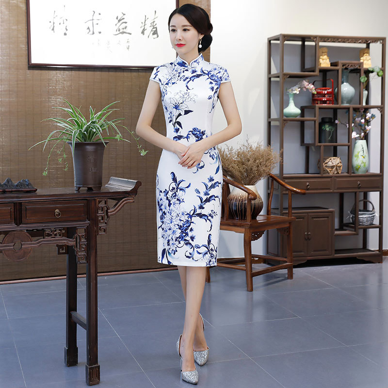 青花瓷双层短袖传统中长款旗袍2025春季新款女日常连衣裙妈妈礼服