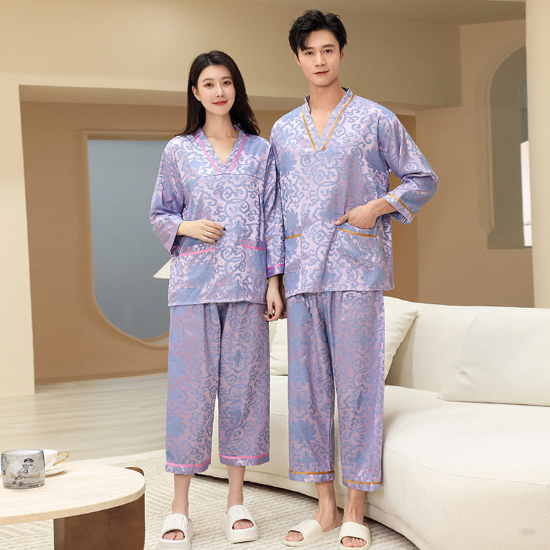 长款汗蒸服女提花棉质情侣款大码男款洗浴按摩足疗采耳家居睡衣