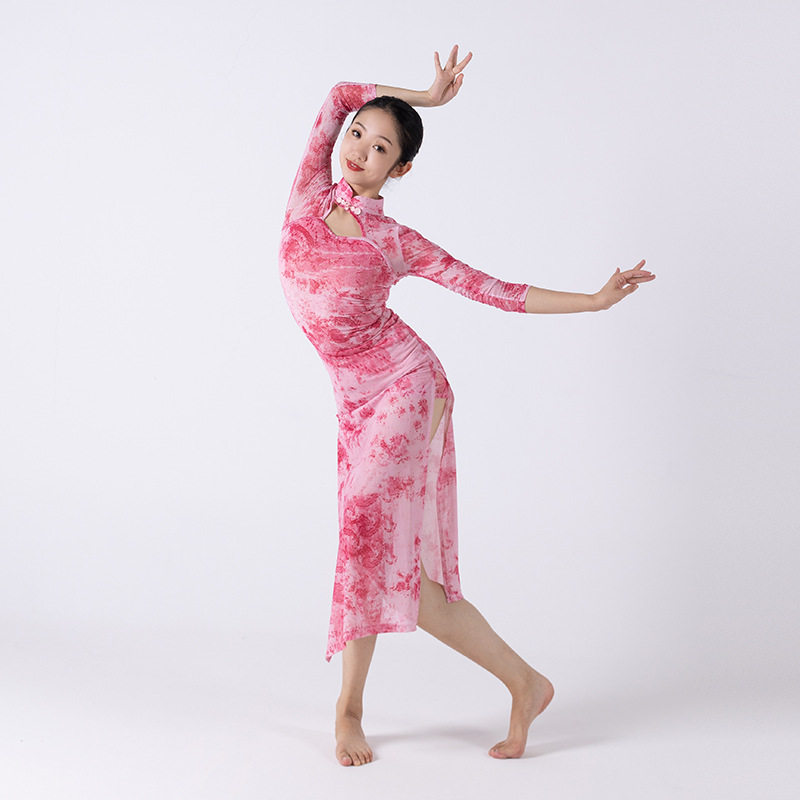 2026中国风风碎花改良旗袍式舞蹈服 立领镂空开叉表演现代舞蹈服