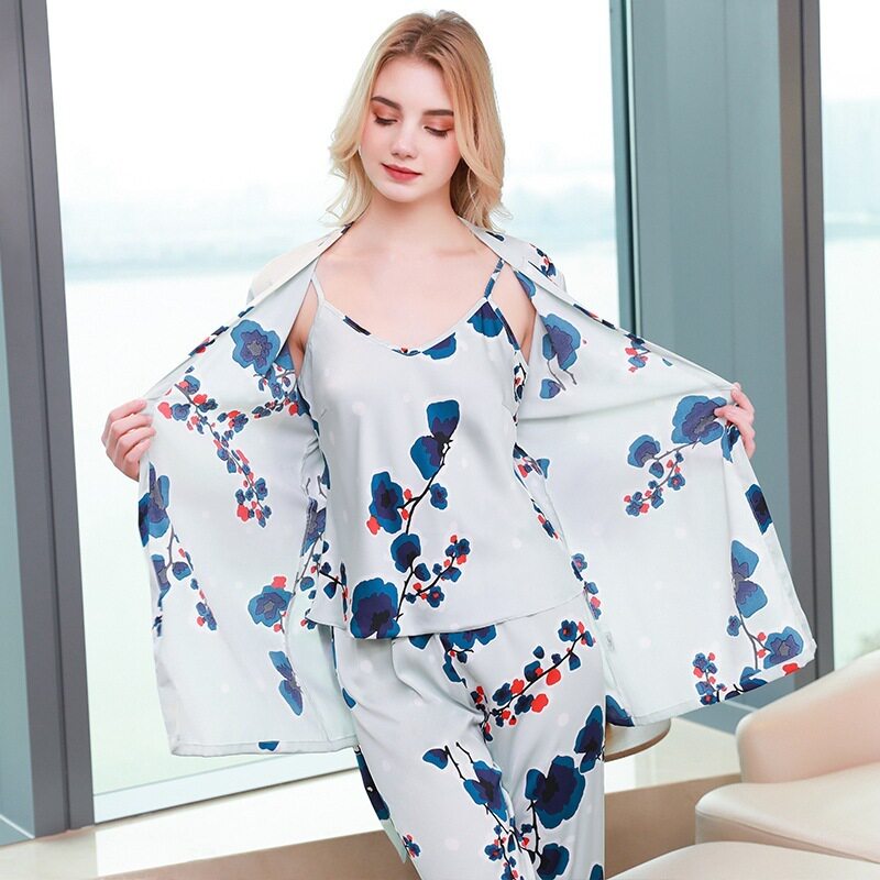 三件套睡衣女仿丝吊带长裤睡袍丝绸薄款印花睡裙套装家居服春夏秋